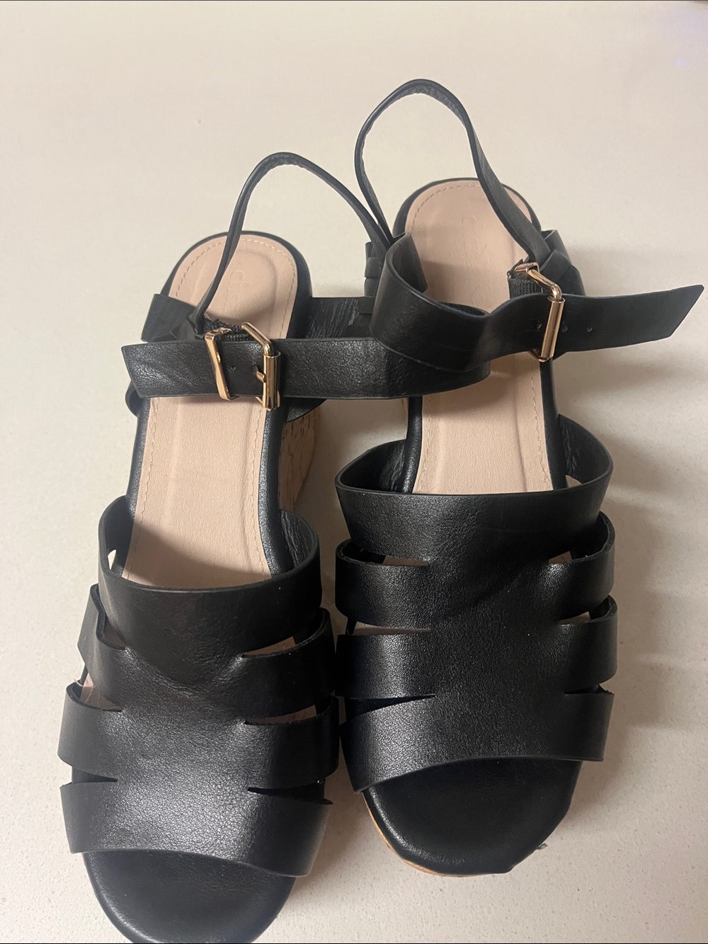 Charlotte Russe Black Strappy Wedge Sandals with Gold Buckles